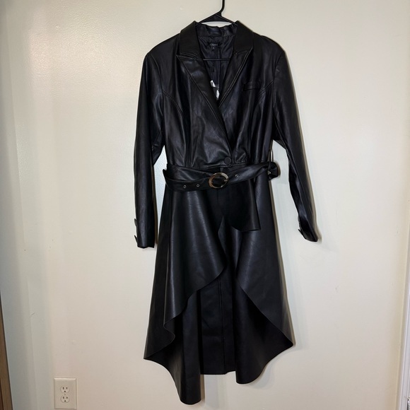For Her Nyc Jackets & Blazers - For Her Black High Low Faux Leather Belted Trench Coat